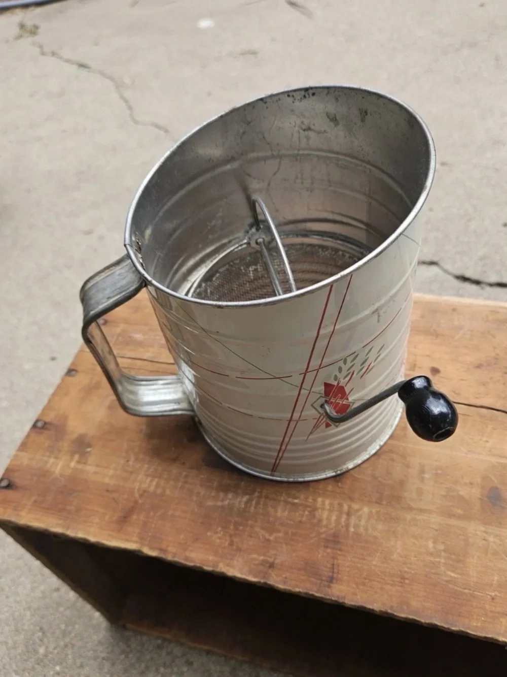 Vintage White Tin Hand Crank Flour Sifter with Red Green Design